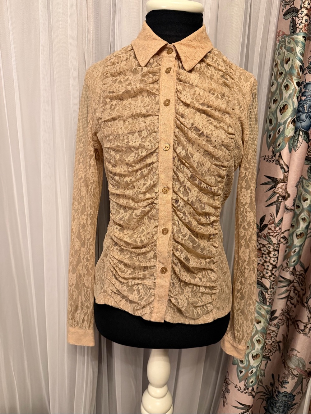 Moda International Beige Lace Ruched Button-Down Shirt